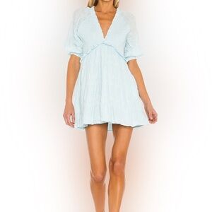 LOVERS AND FRIENDS Finnegan Sky Blue Deep V Neck Baby Doll Cotton Dress Sz XS